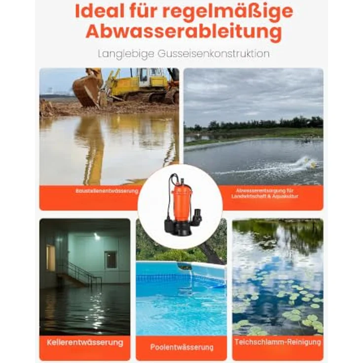 VEVOR 1500 W Tauchpumpe, 21000 l/h, Gusseisen-Schmutzwasserpumpe mit automatischem Schwimmerschalter, 18 m Förderhöhe für Pools, Teiche & überflutete Bereiche – Bild 4