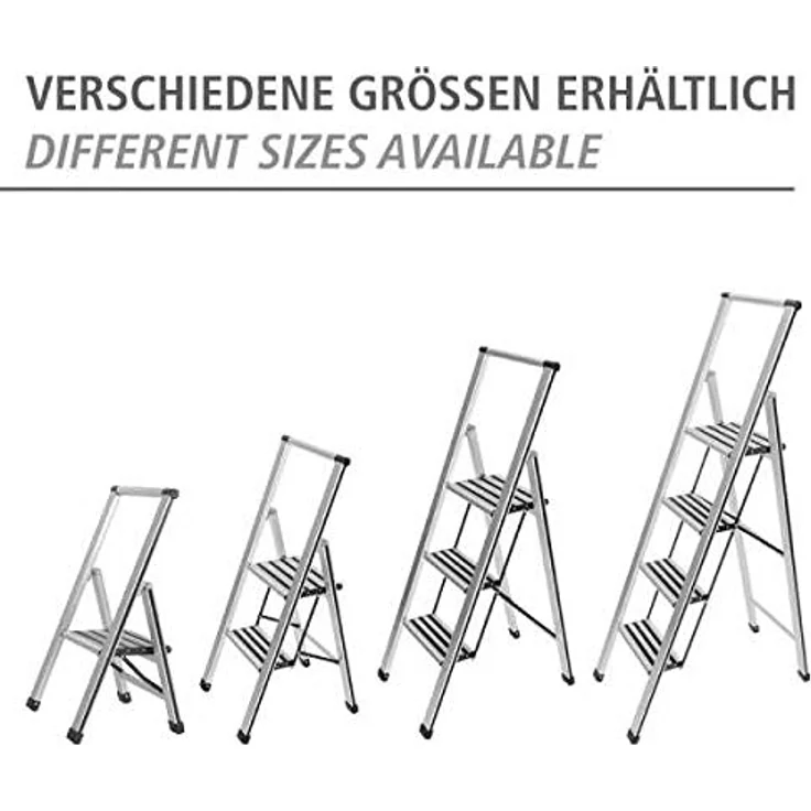 WENKO Leichte Aluminium Trittleiter mit 4 Stufen für 100 cm höheren Stand, rutschsichere XXL-Stufen, Design Klapptrittleiter mit 44 x 153 x 5,5 cm, Süd zertifiziert, matt silber – Bild 6