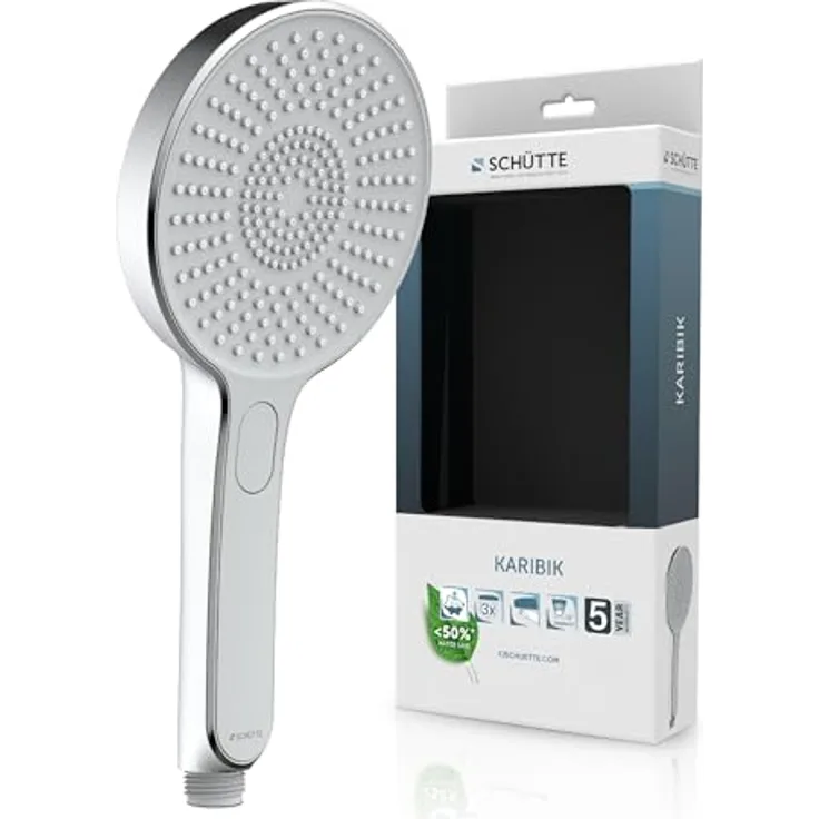 Schütte Handbrause KARIBIK, 3-fach verstellbar mit Antikalknoppen, wassersparend, eckig
