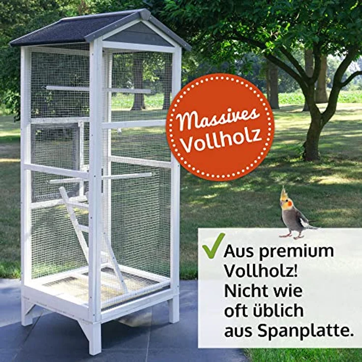 Zooprinz Vogelvoliere Apollo XL, wetterfestes Kiefernholz mit Bitumendach, Kotschublade, 12 mm Maschenweite, inkl. Sitzstangen, 122 x 177 x 58 cm – Bild 3