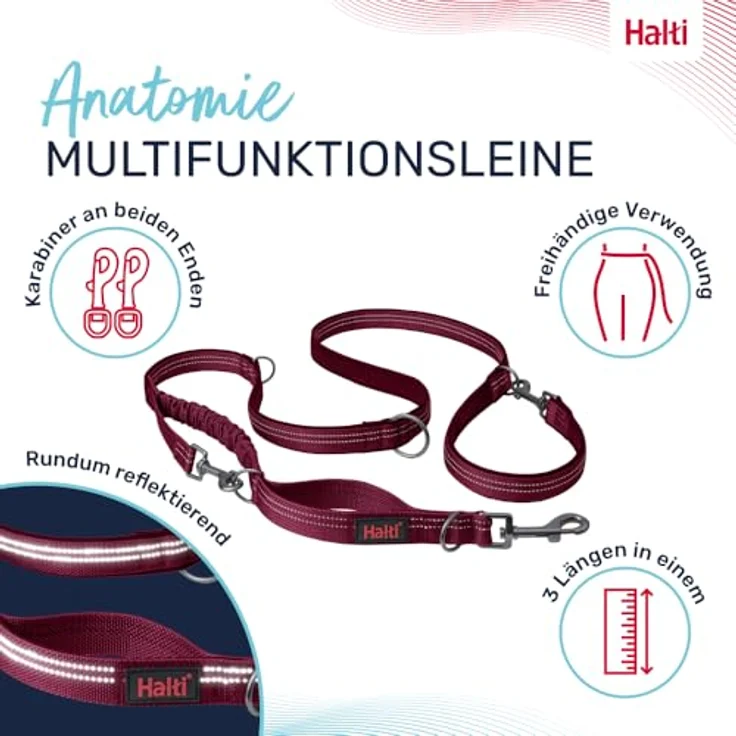 Company of Animals HALTI Anatomy Multifunktionsleine mit Ruckdämpfer, Doppelführleine für Welpen bis 25 kg, reflektierend, Größe S, Magenta – Bild 2