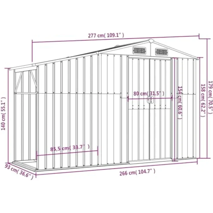vidaXL Gerätehaus Grau 277x93x179 cm Verzinkter Stahl – Bild 4