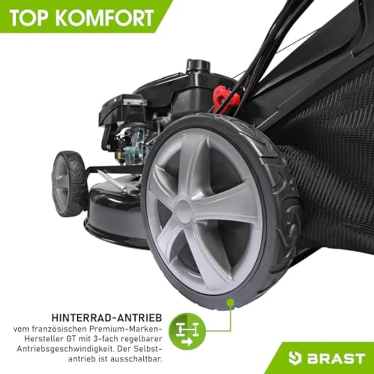 BRAST Benzin Rasenmäher mit Antrieb | 5,2kW(7PS) | Elektrostart | 46cm Schnittbreite | viele Modelle | TÜV | 4 Takt OHV Motor | 30-80mm Schnitthöhe | 60L Fangkorb | Stahlgehäuse | ESTART Speed – Bild 5