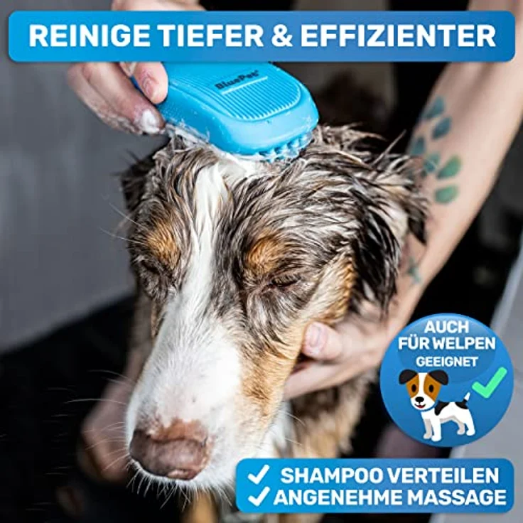 BluePet FellFein Badebürste Gummistriegel Für Kurzhaar Hunde & Katzen mit Massageeffekt - Entfernt Loses Deckhaar, Staub & Schmutz - Idealer Badestriegel Zum Einmassieren von Hundeshampoo – Bild 3