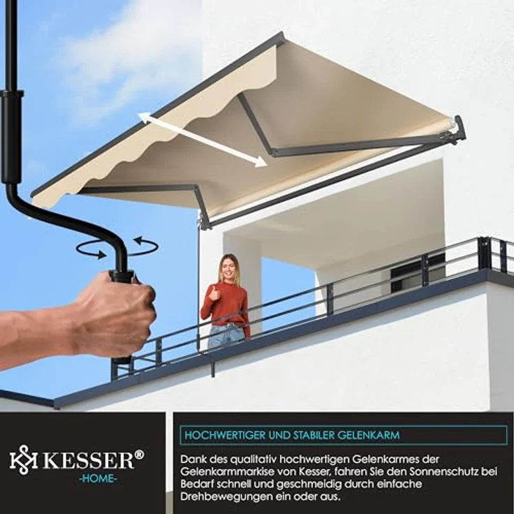 KESSER® Gelenkarmmarkise 300 x 250 cm, wasserabweisende Terrassenmarkise mit Wandhalterung, Neigungsverstellung und stabilen Gelenkarmen, beige – Bild 3