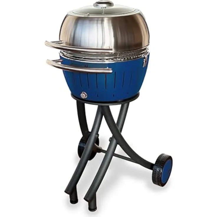 LotusGrill XL Gartengrill Set Limettengrün - Grillwagen mit Edelstahlhaube und Thermometer (Tiefblau)