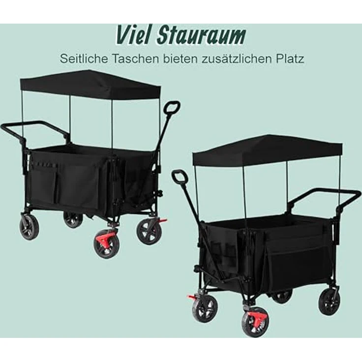 Relaxdays Bollerwagen, faltbar, 150 kg Traglast, mit Dach und Teleskopgriff, Gummireifen mit Bremse, schwarz – Bild 5