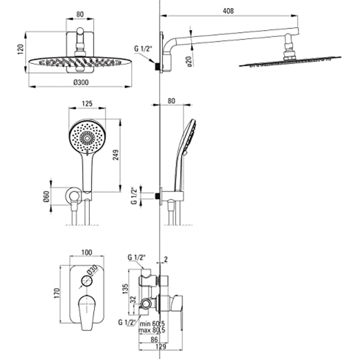 TRIZERATOP Unterputzarmatur Unterputz-Duschset rund, Einhebel-Mischer, Chrom, schwenkbarer Auslauf, Regenbrause, 3-Funktions-Handbrause, Anti-Calc – Bild 2