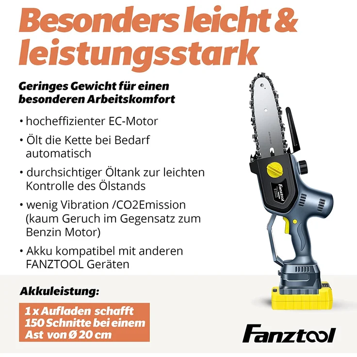 FANZTOOL 20V Akku Handsäge, Kettensäge mini 1,8 kg, EC-Motor, 3Ah Akku mit Ladekabel, 8 Zoll Sägekette, Autoschmierung – Bild 3