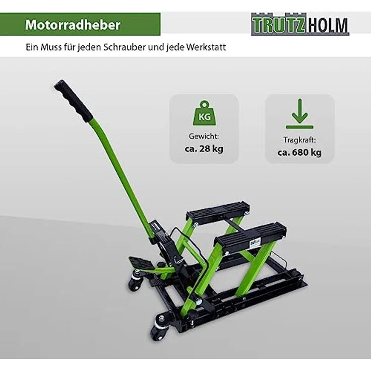 TRUTZHOLM Hydraulikheber Motorradheber 680 kg, stufenlos höhenverstellbar von 120 mm bis 380 mm, mobile Hebebühne mit Ratschen-Spanngurten, vormontiert – Bild 4
