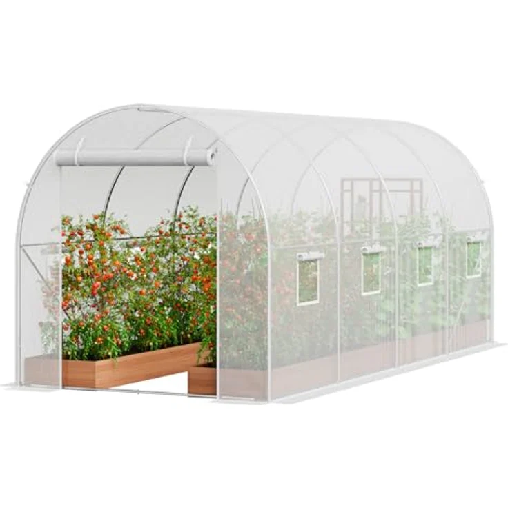 VEVOR Foliengewächshaus 445 x 194 x 192 cm, Tomatengewächshaus mit verzinktem Stahlrahmen, weißer PE-Abdeckung, aufrollbarer Reißverschlusstür und 8 Fenstern für optimierte Belüftung – Bild 1