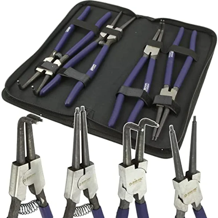 Mar-Pol Seeger Elastische Ringzange Set, 12 Zoll (300 mm), 4 Stück mit gebogenen und geraden Spitzen, inkl. Tasche