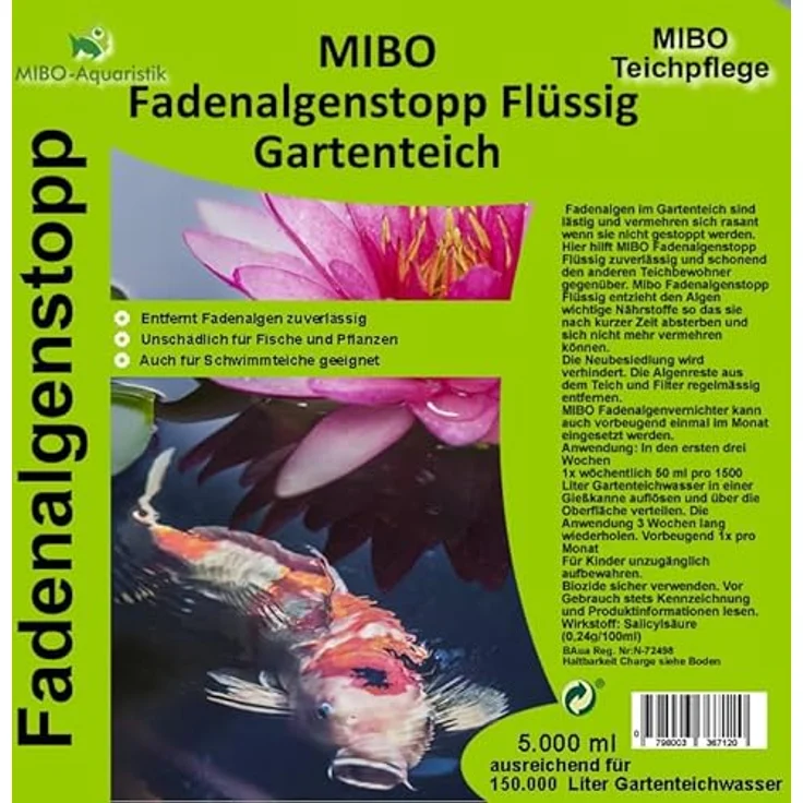 MIBO Fadenalgenvernichter Flüssig 5L, Algenstopp für 150.000 Liter Teichwasser, ohne Kupfer und Schwermetalle, auch für Schwimmteiche geeignet – Bild 2