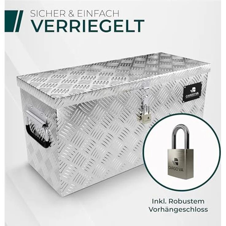 CARGO VA CargoVA - Wasserfeste Deichselbox mit Vorhängeschloss, Abschließbare Transportbox [60x25x30CM] mit Aluminium-Fächern und universeller Passform – Bild 3