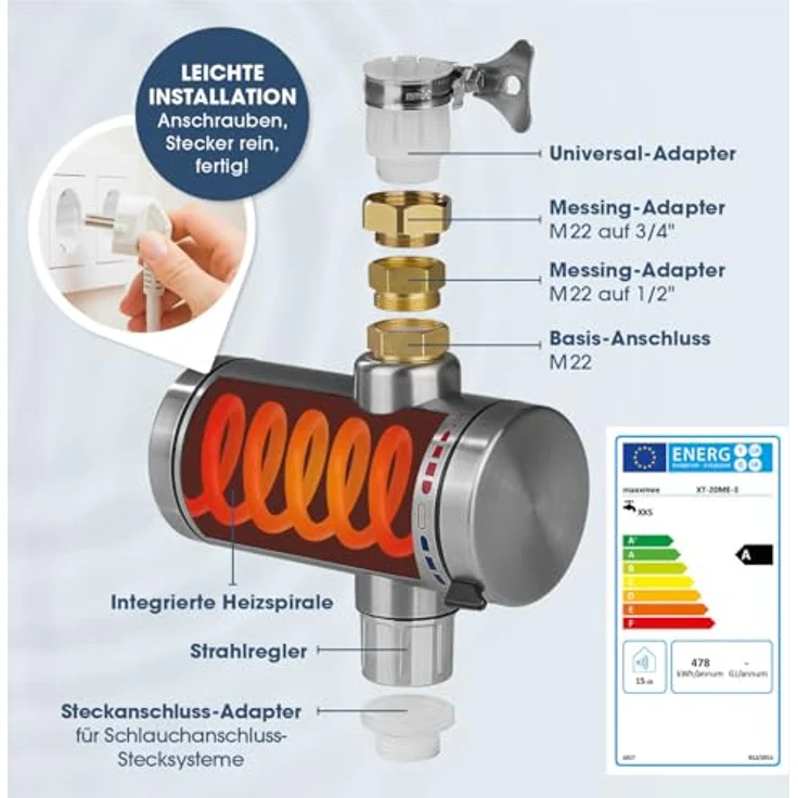 MAXXMEE Durchlauferhitzer 3000–3600 W | Elektrischer Edelstahl-Wasserhahn für sofort heißes Wasser bis 60° | Ideal für Garten, Werkstatt, Camping | IPX4 spritzwassergeschützt – Bild 4