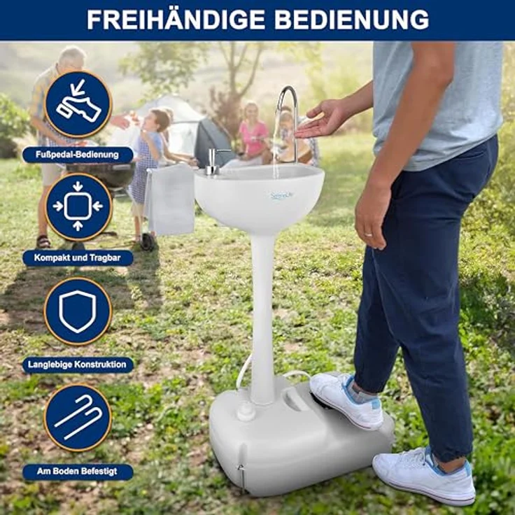 SereneLife Camping Waschbecken mit 19L Wassertank, Fußpumpe & Handtuchhalter, freistehendes Garten Spülbecken, mobile Waschstation, Wasserspender & Camping Zubehör – Bild 3