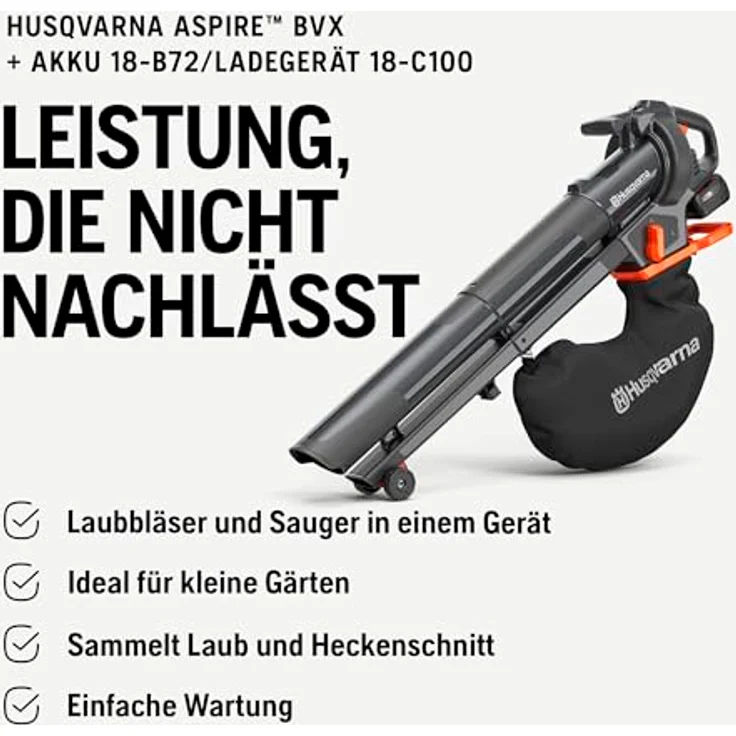 Husqvarna Aspire BVX-P4A, Akku-Laubbläser mit P4A 18-B72 Akku und P4A 18-C100 Ladegerät, bürstenloser Motor, stufenlose Geschwindigkeitsregelung, für kleinere Gärten – Bild 2