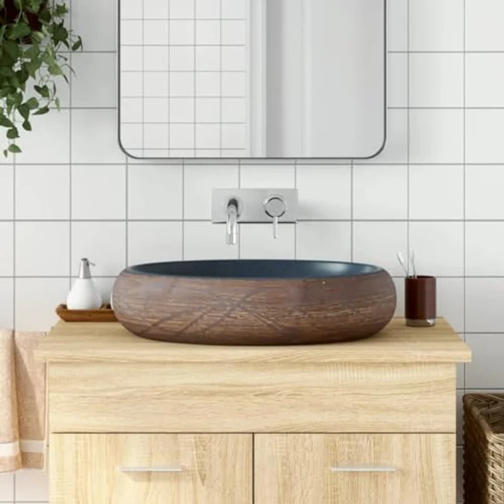 vidaXL Aufsatzwaschbecken Keramik Braun und Blau, Handgefertigt, Exquisites Muster, Robuste Oberfläche – Bild 2