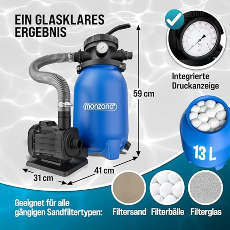 monzana Sandfilteranlage MZPP100, 5000 L/h, für Pools bis 20.000 L, inkl. Filterbälle, 7-Wege-Ventil, schwarz/blau – Bild 6