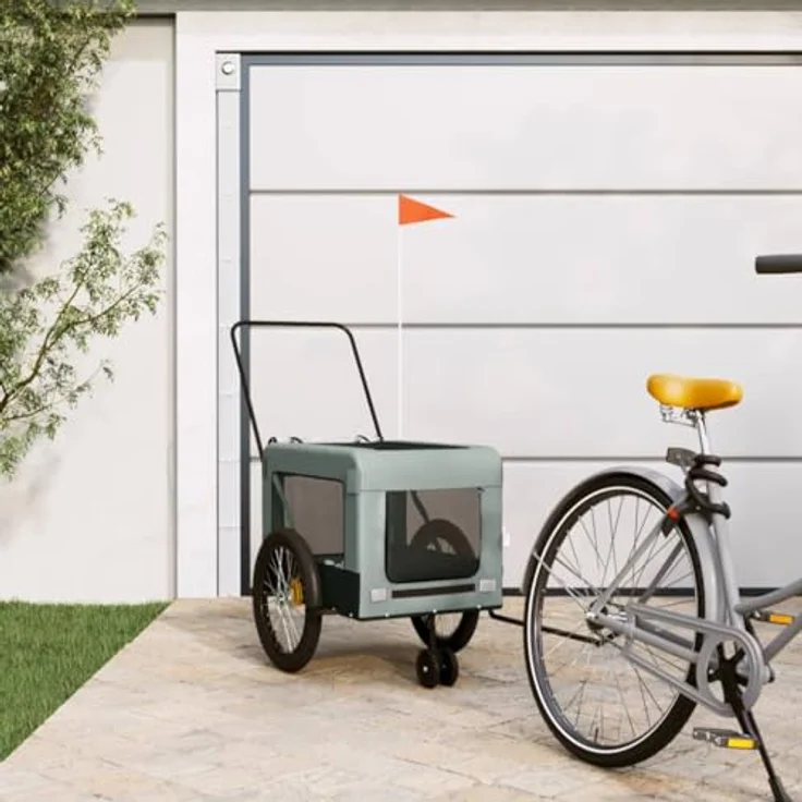 vidaXL Hunde-Transportbox Fahrradanhänger Hunde Grau und Schwarz Oxford-Gewebe und Eisen, Große Hinterräder für ruhige und sichere Fahrt – Bild 2