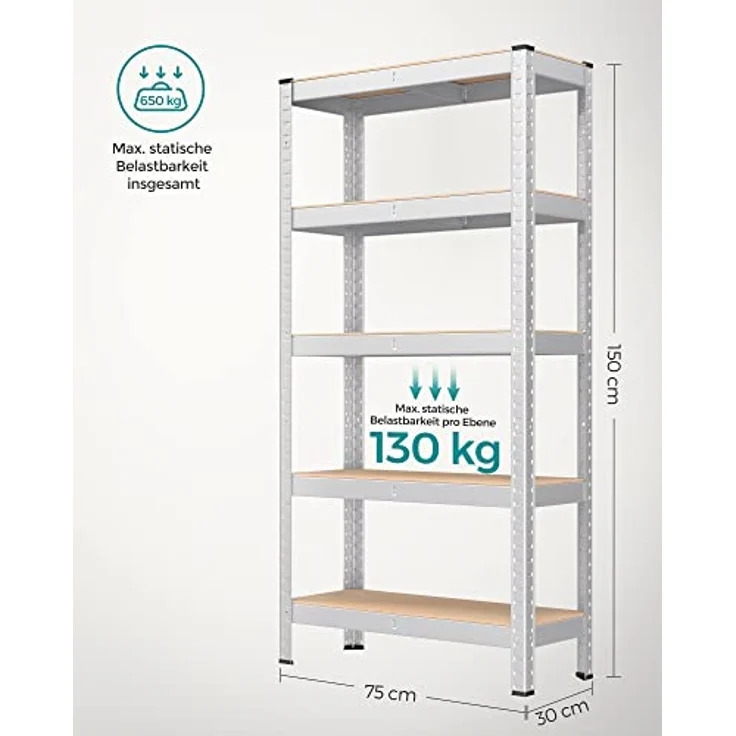 SONGMICS Schwerlastregal, 2er Set, 650 kg belastbar, 5 verstellbare Ablagen, silbern – Bild 3