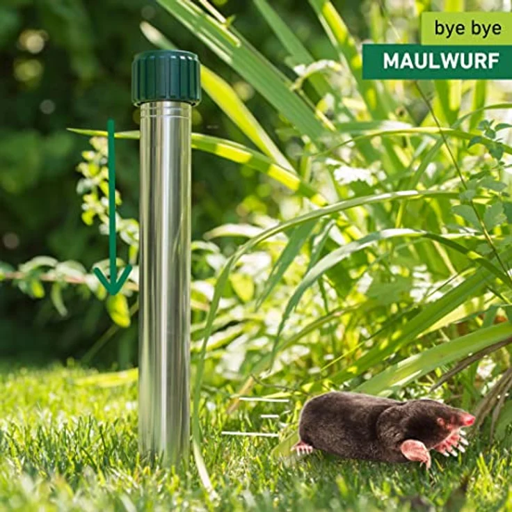 Windhager Wühlmaus Wühlmausvertreiber Aluminium, Wühlmausabwehr, Maulwurfvertreiber, Maulwurfabwehr, Wühlmausschreck, Wirkungsbereich ca. 800m², 02130, Silber, Reichweite – Bild 2