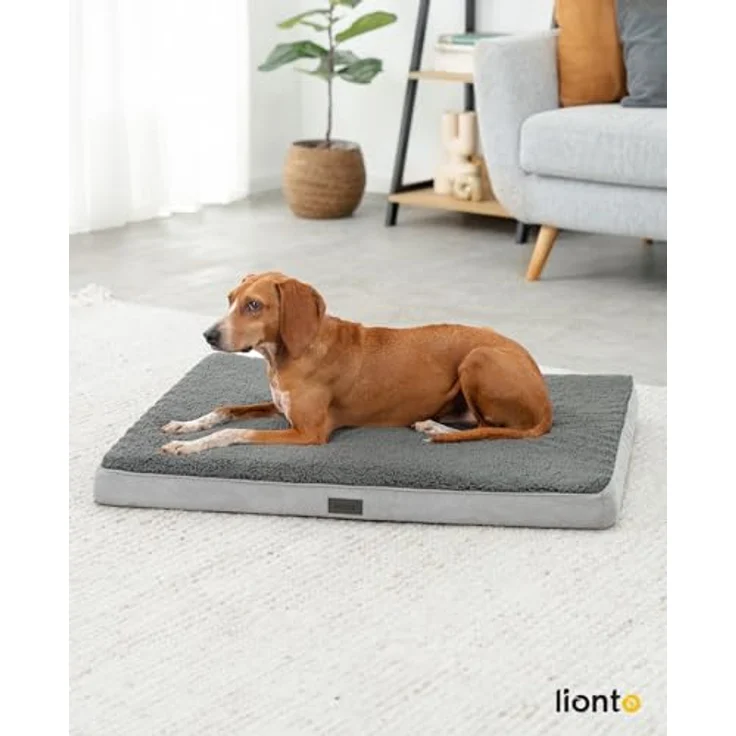 lionto Hundebett orthopädisch, 91x69x8 cm, robuster Plüschbezug, abnehmbar & waschbar, wasserabweisend, für kleine & große Hunde + Katzen, grau – Bild 2