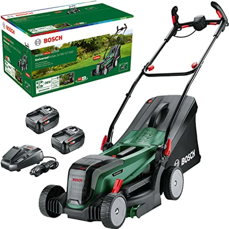 Bosch Akku-Rasenmäher UniversalRotak 2x18V-37-550 (bis zu 500 m2 mit 2x 4,0 Ah Akku); 18 Volt System; Schnittbreite: 37 cm; 2x 18V 4,0-Ah-Akku und Ladegerät) – Bild 1