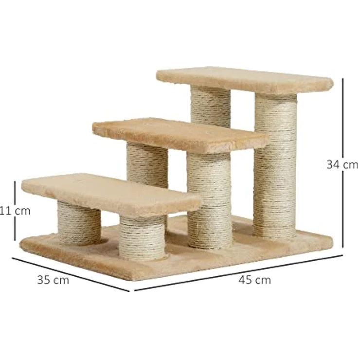 PawHut Tiertreppe Katzentreppe Hundetreppe 3 Stufen Treppe für Katze und Hunde Plüsch Creme 45 x 35 x 34 cm – Bild 3