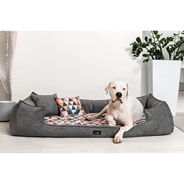 tierlando® Orthopädisches Hundebett Velvet VISCO | Chenille - samtig weicher Velours | Umrandung Grau - Liegefläche Dreieck-Muster (VEL3 90x75 cm - (Innen 60x55 cm), 0218 Graphit-Orange)