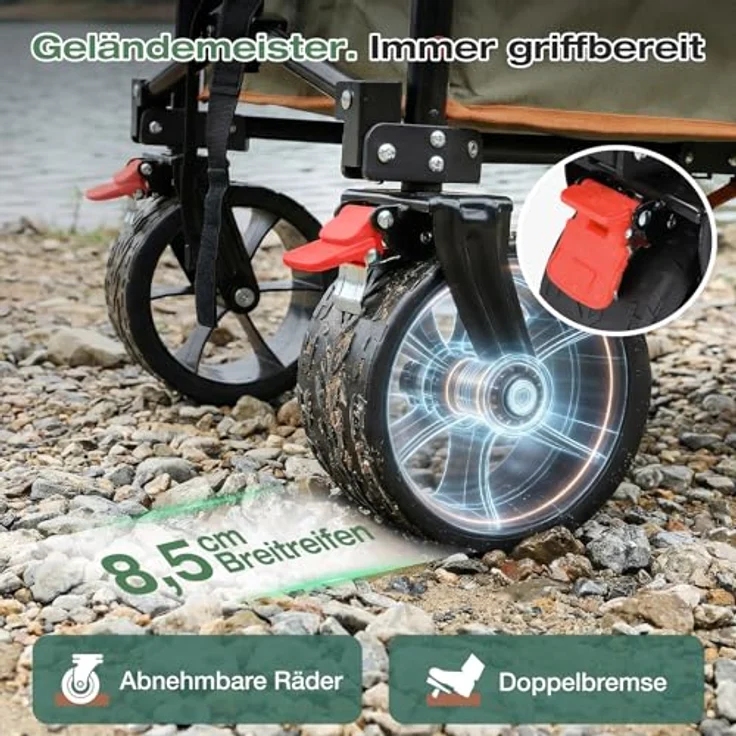 Sekey XXL Bollerwagen Faltbar, 135L Volumen, 150KG belastbar, leichte All-Terrain-Räder, breiter Handwagen mit Bremse, patentierter 4-Wege-Sofortaufbau, Grün mit Orange – Bild 3