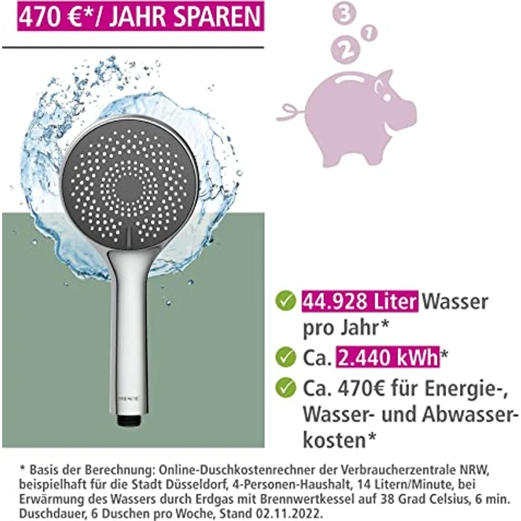 WENKO Wasserspar Duschkopf Watersaving, wassersparende Universal-Handbrause, Duschbrause mit nachhaltigem Wasserspar-System, 40% Wasser sparen bei vollem Komfort, Duschkopf Ø 11 cm, ABS verchromt – Bild 3