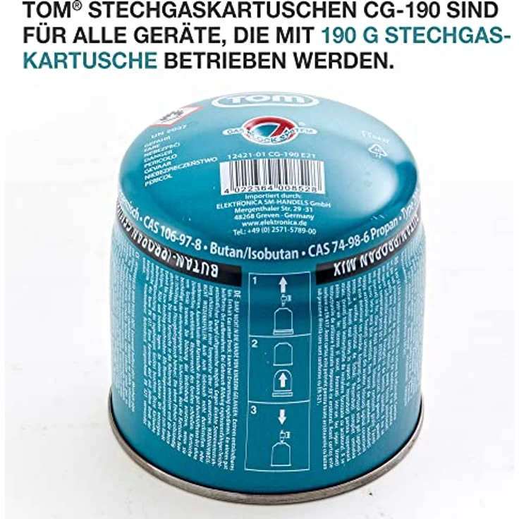TOM Gaskartuschen CG-190, Butangas Kartuschen 190 g mit Sicherheitsventil, ideal für Campingkocher, Lötbrenner und Abflämmgerät, 6 x, 12 x oder 48 x Varianten erhältlich – Bild 3