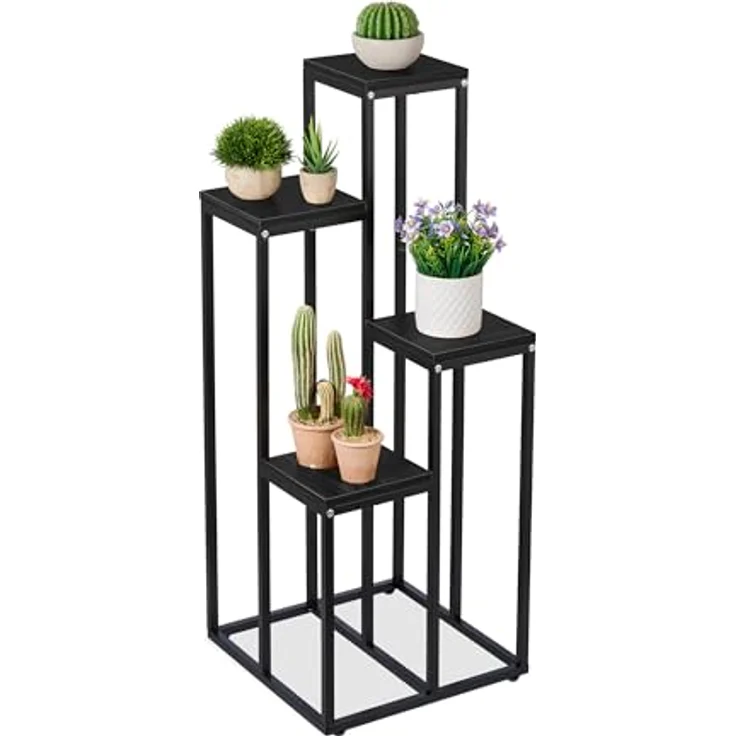 relaxdays Blumenständer Schwarze Blumentreppe mit 4 Ablagen, Schwarz - Dekorative Pflanzentreppe aus Stahl und Holzoptik, max. 40 kg Traglast – Bild 2
