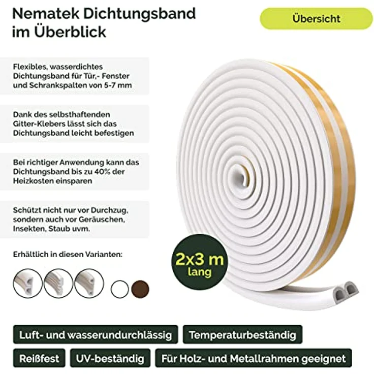 Nematek Dichtungsband Fenster - Türdichtung D-Profil schnell montiert - Zugstopper - selbstklebend, weiß (5-7 mm) – Bild 2
