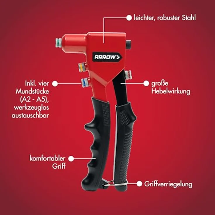 Arrow Blindnietzange RT188, 4-in-1 Popnietenzange mit 4x farbcodierten Mundstücken A2/A3/A4/A5 für Aluminium, ergonomischer Griff für Werkstatt und DIY – Bild 4