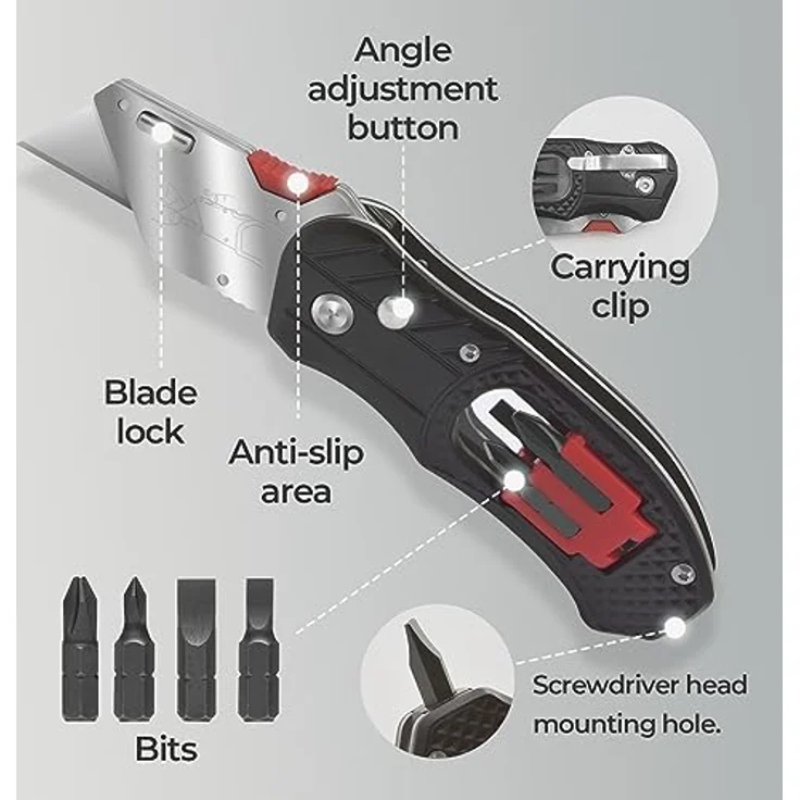 Mustbau 2 in1 Kombiniertes Universalmesser, New Generation Teppichmesser mit 4 Schraubendreherbits, mit Gürtelclip, Safety-Lock, Winkelschloss-Design(Inkl.10 Stück SK5 Ersatzklingen), Arbeitsmesser – Bild 3