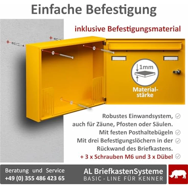 AL Briefkastensysteme Basic 1er Briefkasten RAL 1003 Signal Gelb wetterfest mit Posthaltebügel und 2 Namensschildern – Bild 4