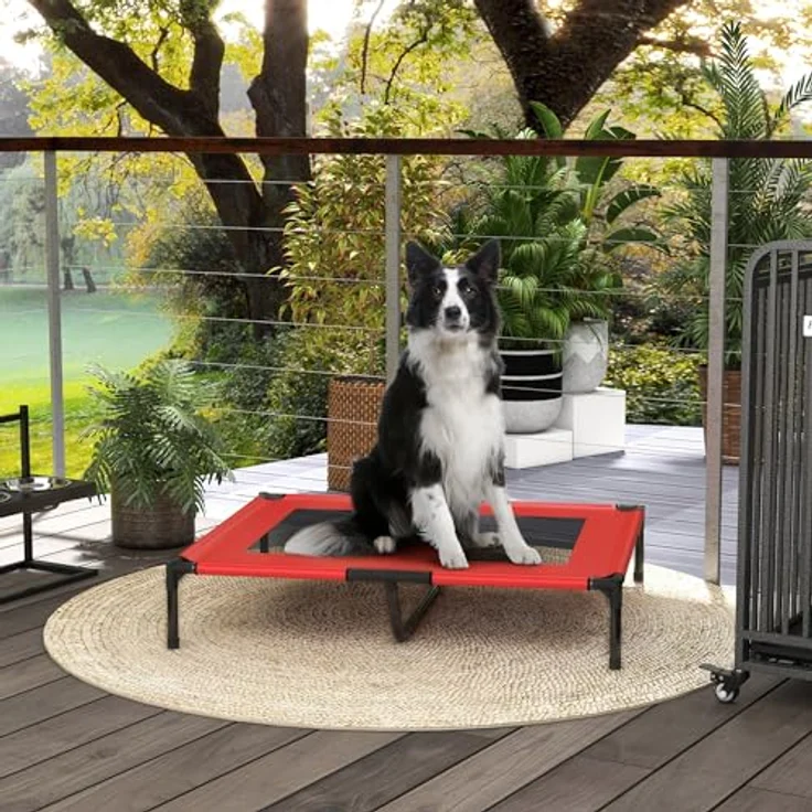 PawHut Erhöhtes Hundebett, Outdoor Hundeliege für große Hunde, Atmungsaktiv, In Rot, 92 x 76 x 18 cm – Bild 2