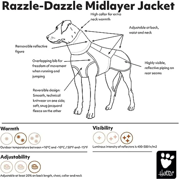 Hurtta Razzle-Dazzle Midlayer Jacke für Hunde, verstellbar, wendbar, Pull On, unter Regenmänteln und Wintermänteln zu verwenden - BlackBerry/Grau-Grün 25 cm – Bild 5