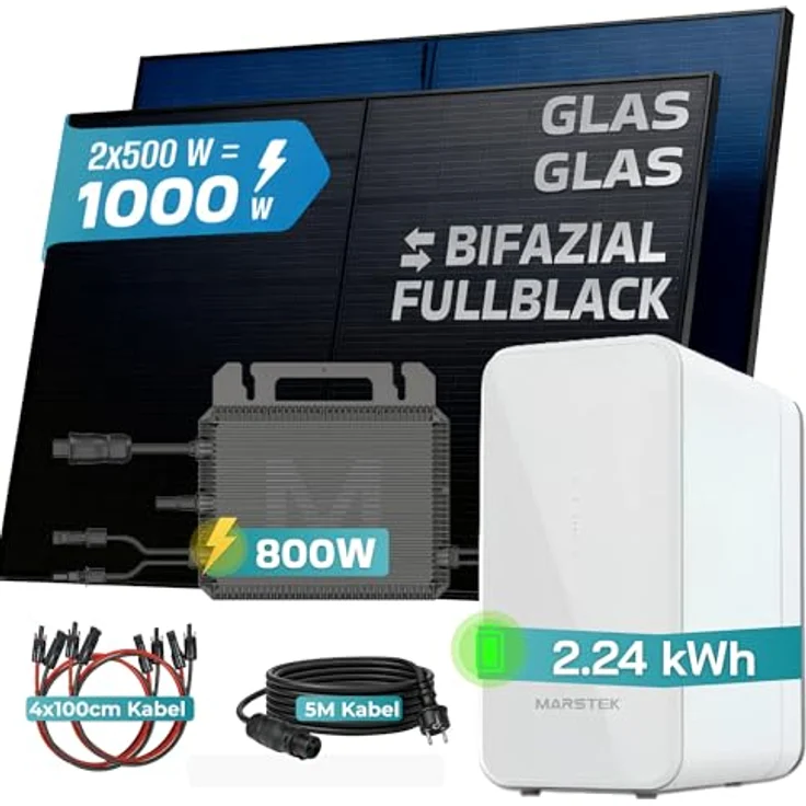 SUNNIVA® 1000W Balkonkraftwerk MARSTEK B2500-D, Bifazial Full Black, 2x 500W N-Type Glas-Glas Module, 2,24 kWh Speicher, Plug & Play Solar Komplettset – Bild 2