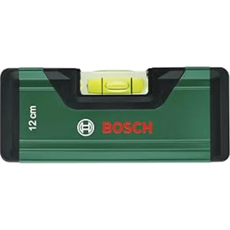 Bosch Wasserwaage 12cm (Mini-Wasserwaage; präzises Ausrichten mit fluoreszierender Libelle für horizontales Ablesen; Aluminiumgehäuse; Softgrip-Stoßfänger; V-Nut)