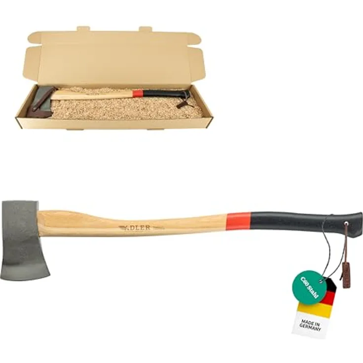 Adler Yankeeaxt inkl. Lederschutz: Geschmiedete Forst- & Spaltaxt, C60-Stahlkopf, 80 cm Hickory-Stiel, Rot/schwarz, 1,6 kg