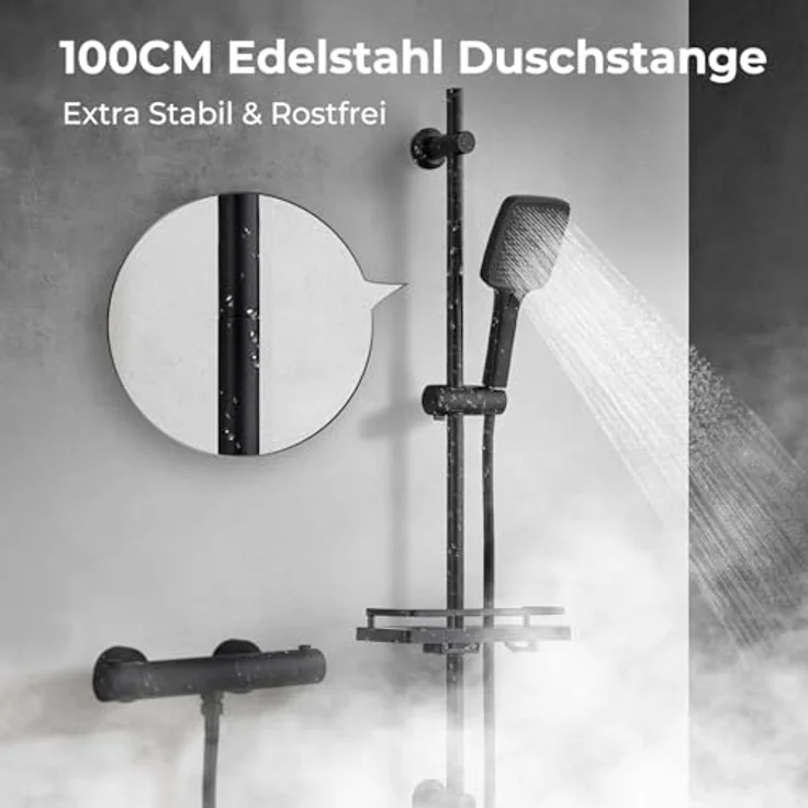 Görbach Duschset Edelstahl Duschstange mit Duschkopfhalterung 100cm, schwarz, rostbeständig, flexible Montage, höhenverstellbar – Bild 2