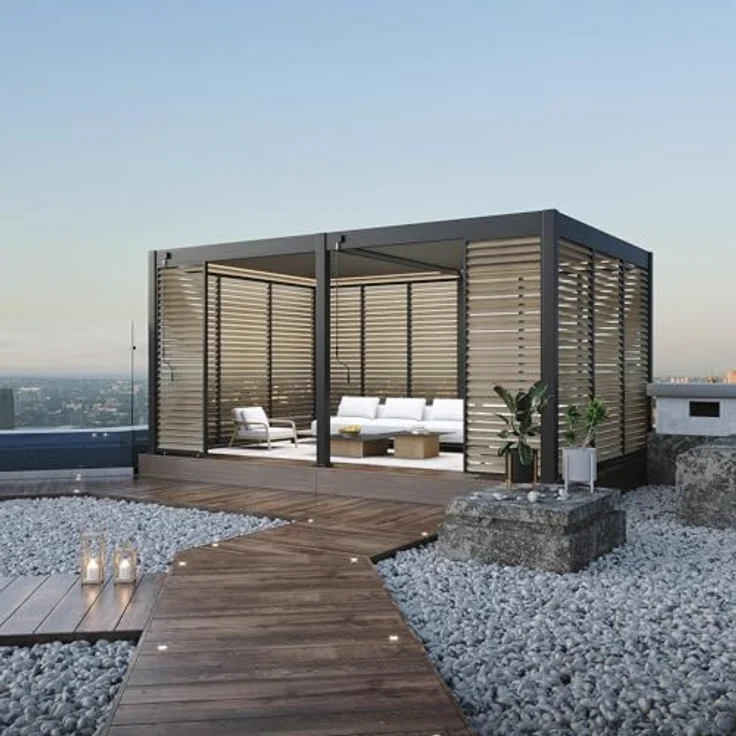 Weide Aluminium-Lamellenwand für Pergola, Holzoptik mit anthrazitfarbenem Rahmen, 3 Maße, drehbare Lamellen – Bild 2