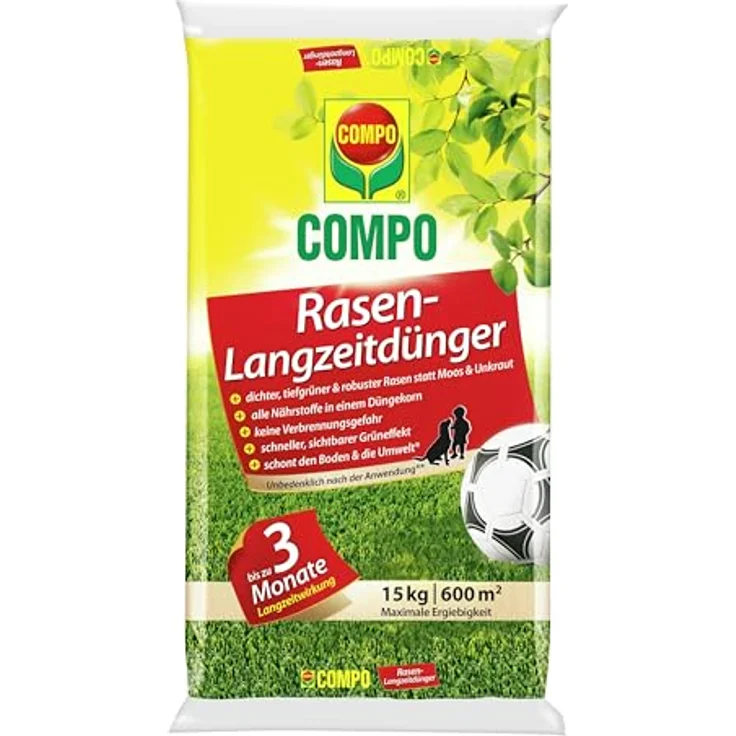 COMPO Rasen-Langzeitdünger, 3 Monate Langzeitwirkung, Rasendünger, Feingranulat, 15 kg – Bild 1