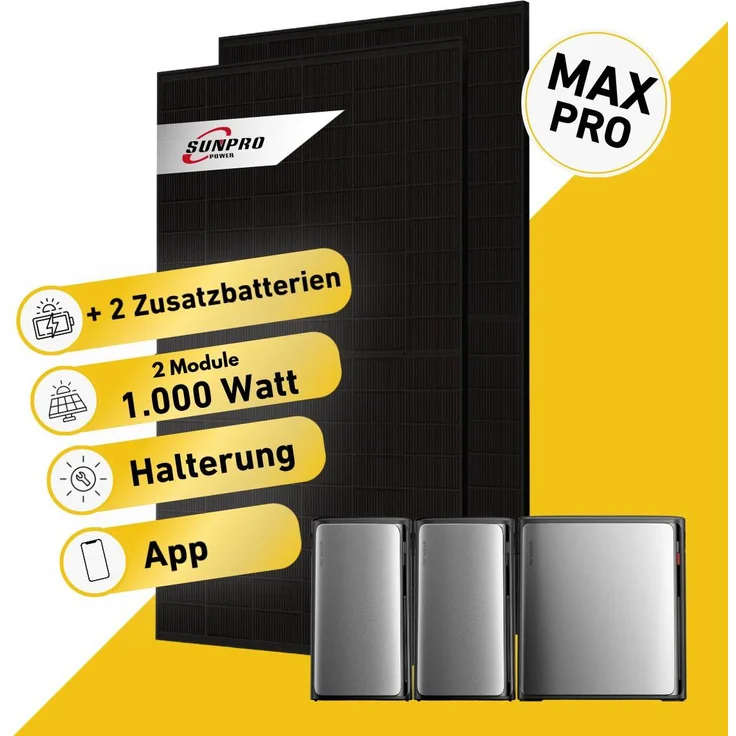 Balkonstrom Balkonkraftwerk 1000W mit Hoymiles HiBattery 4020X, 2x500Wp Solarmodule, erweiterbar, Garten/Flachdachhalterung, 10m Kabel