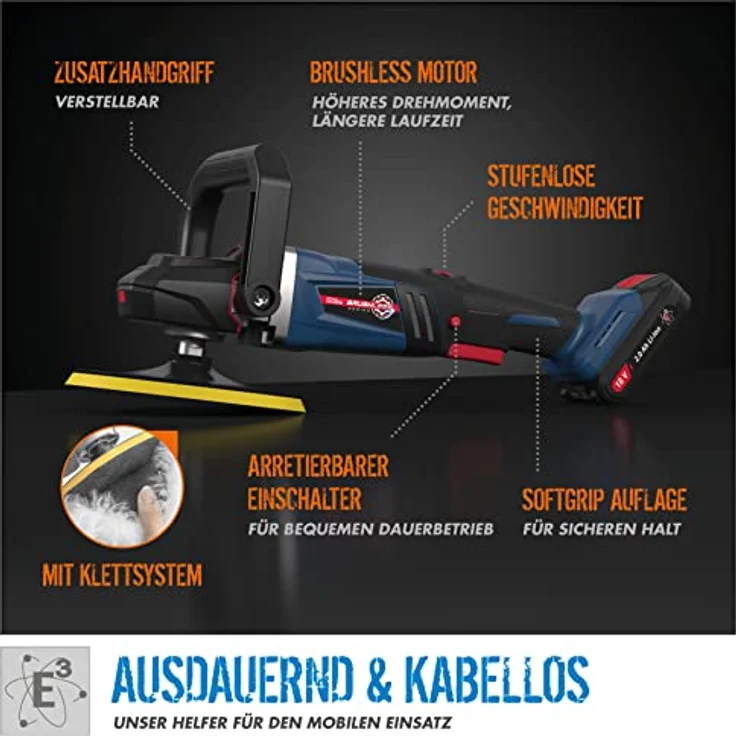 Güde Akku Poliermaschine PM 18-0 BL, Brushless Motor, stufenlos einstellbare Geschwindigkeit, inklusive 3 Polierhauben, Blau/Schwarz, ohne Akku und Ladegerät – Bild 4