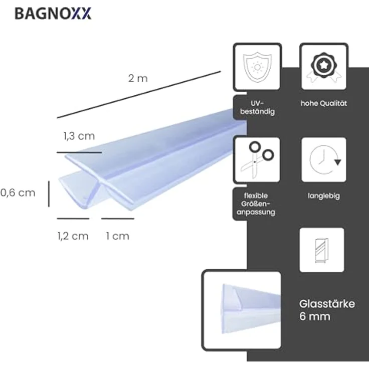 Bagnoxx Duschdichtung 180 Grad Anschlagdichtung, 2m für 6mm Glas, transparent, schimmelbeständig und einfach anzupassen – Bild 2