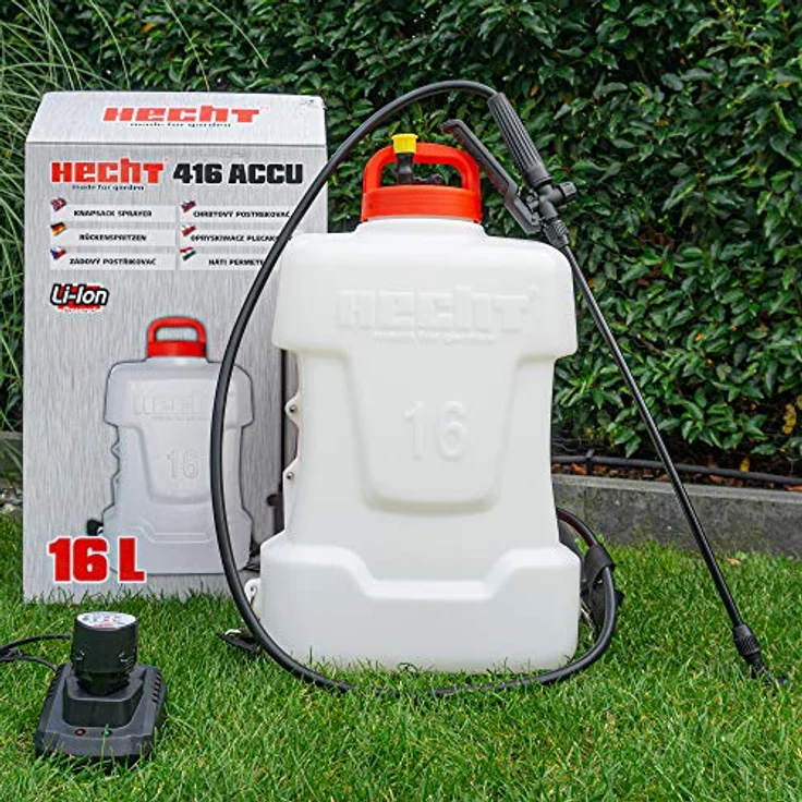 Hecht 416 Akku-Drucksprühgerät, 16 Liter mit 12V/7Ah Akku, Rucksackgurt, 2,5 bar, 160 min Laufzeit, ergonomisch – Bild 1